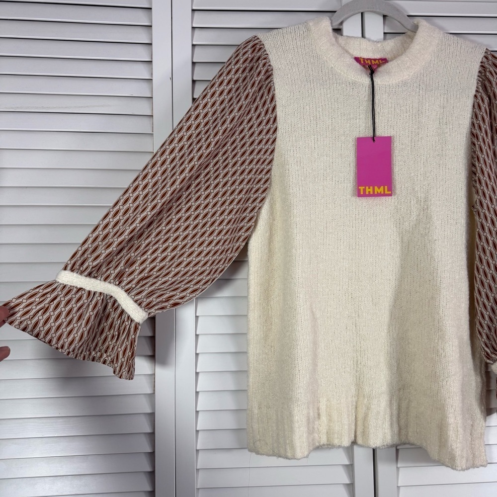 THML Sabrina Mixed Media Sweater Knit Chiffon Cream Size Small NWT - Picture 3 of 6
